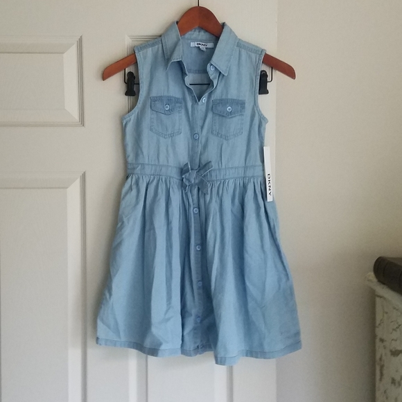 NWT Girls DKNY Bleach Wash Light Wash Denim Sleeveless Dress Sz 5